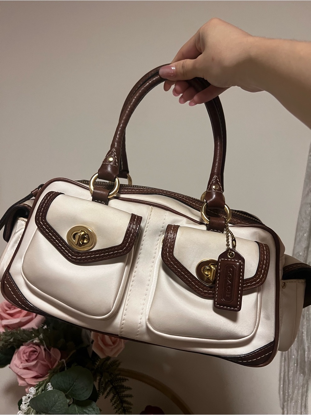 Coach Two-Tone White and Brown Satin Mini Hampton Satchel